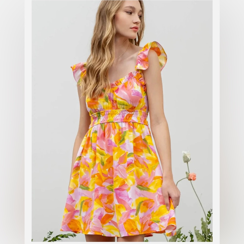 NWT Blue Pepper Pink Yellow Orange Floral Print Dress Soze Large